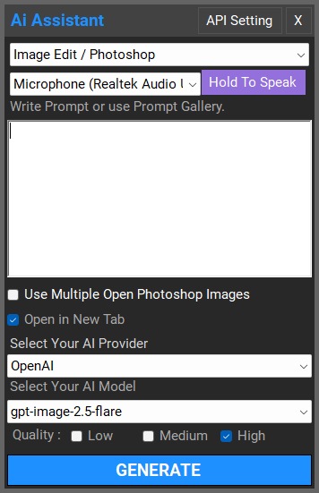 Photoshop Toolkit AI image generator interface